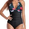 Flattering Ruched Slimming Tummy Control Bathing Suits-Black Floral