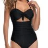 Tummy Control High Waisted Halter Sexy Cutout One Piece Swimsuits-Black