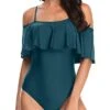 Off Shoulder Long Torso Vintage One Piece Swimsuits-Teal