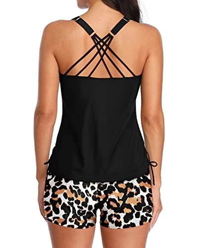 Chic Criss Cross Back 2 Piece Tankini For Women-Black And Leopard - Image 2