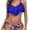 High Cut Side Tie Bottom Two Piece Flounce Bikini-Royal Blue Floral