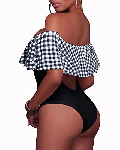 Flirty Lace-Up Off-Shoulder One Piece Swimsuit For Women-Black And White Checkered - Image 2
