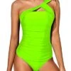 Tummy Control Two Piece One Shoulder Swim Top Shorts-Neon Green