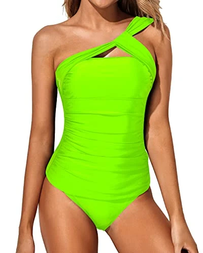 Tummy Control Two Piece One Shoulder Swim Top Shorts-Neon Green