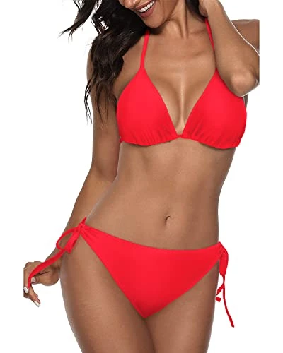 Push Up Enhancement Women Two Piece Halter Bikini-Neon Red - Image 4