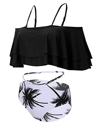 Tummy Control Bikini Set For Women Ruffle Off Shoulder Top-Black Palm Tree - Image 3