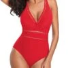 Mesh Hollow Out Backless Plunge Halter One Piece Swimsuit-Red