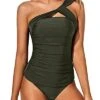 Women's 2 Piece Tankini Swimsuits One Shoulder Top & Shorts-Army Green