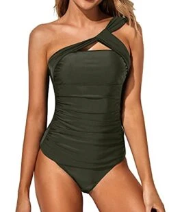 Women's 2 Piece Tankini Swimsuits One Shoulder Top & Shorts-Army Green