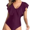 Removable Padded Push Up Bras One Piece Swimsuit For Women-Maroon