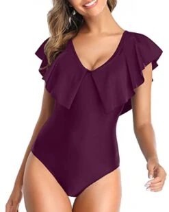 Removable Padded Push Up Bras One Piece Swimsuit For Women-Maroon