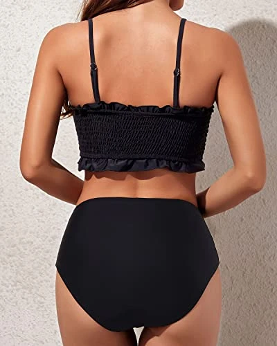 Ruffle Bandeau Bikini Set High Waisted Bottoms For Women-Black - Image 2