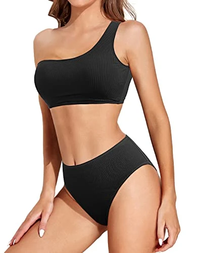 Women's One Shoulder High Waisted High Cut Bikini Set-Black - Image 3