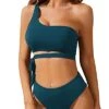 Sexy Two Piece High Waisted One Shoulder Bikini Set High Cut Bottoms-Teal