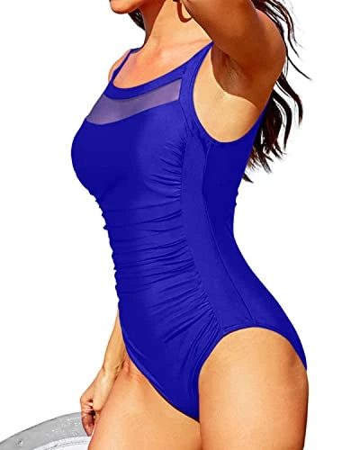 Sexy See Through Mesh Round Neck One Piece Swimsuits-Royal Blue - Image 2