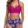 Retro Halter Ruched High Waist Bikini Women's Bikini Swimsuits-Pink Floral