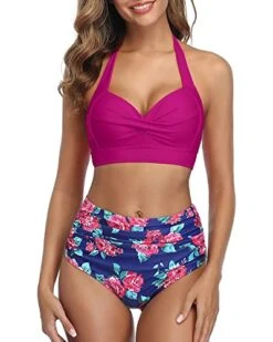 Retro Halter Ruched High Waist Bikini Women's Bikini Swimsuits-Pink Floral