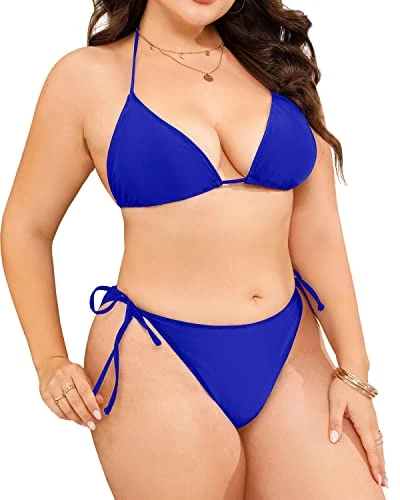 Adjustable Tie-Side Plus Size String Triangle Bikini For Women-Royal Blue - Image 4