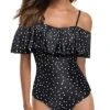 Long Torso Printed One Piece Swimsuit For Women Ruffled Flounce Bathing Suit-Black White Dot