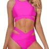 Adjustable Tie Waist Bandage Two Piece Bathing Suits-Neon Pink