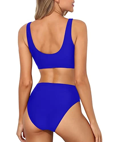 High Cut Two Piece Bikini Crop Top High Cut Swimsuit-Royal Blue - Image 2