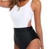 Side Cut Out One Piece Tummy Control Cutout Swimsuits For Teen Girls-White And Black
