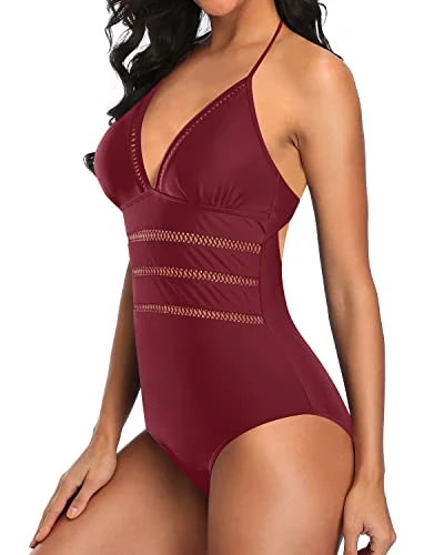V Neck Open Back Monokini Halter One Piece Swimsuits-Maroon - Image 2