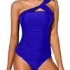 Removable Padded Bra Ruched One Shoulder Tankini Swimsuit-Royal Blue