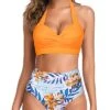 Women's Two Piece Highwaist Bikini Bathing Suit Figure-Flattering Pleated Front Panel-Yellow Floral