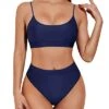 Removable Padded Push Up Two Piece High Waisted Bikini-Navy Blue