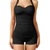 Retro Bathing Suit Halter Swimwear Shorts Boyleg-Black