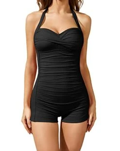 Retro Bathing Suit Halter Swimwear Shorts Boyleg-Black