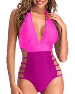 Women's High Leg Cutout One Piece Swimsuits Plunge V Neck Swimwear