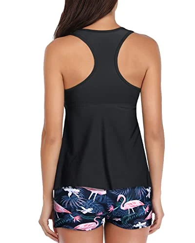 Padded Push Up Two Piece Boyshort And Shorts For V Neck Swimsuit-Black Flamingo - Image 2