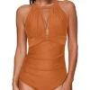 Women's High Neck Plunge Mesh Ruched Push-Up Monokini Swimsuit-Dark Orange