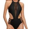 Mesh Patchwork Bust Design Sexy One Piece Bathing Suit For Women-Black