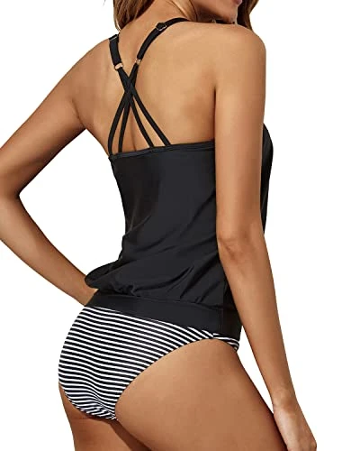 2 Piece Stylish Black Criss Cross Back Tankini Swimsuits-Black Stripe - Image 3