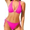 Women Two Piece Halter Padded Top Tie Side Bottom Triangle Bikini-Neon Pink