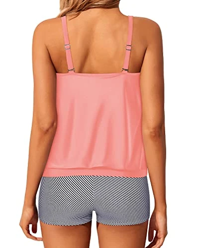 High Waisted Boyshort Tankini Bottoms Modest Swimsuits-Coral Pink Stripe - Image 2
