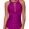 Ruched Monokini Tummy Control Swimsuit Plunge Neck For Women-Hot Pink
