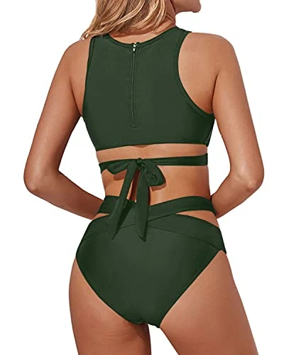 Slim Fit High Neck Bandage Two Piece Bathing Suits-Army Green - Image 2