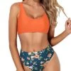 High Waisted Bikini Bottom For Long Torso Two Piece Scoop Neck Bikini-Orange Flowers