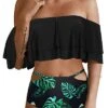Adjustable Strap Ruffle Bikini Set For Women Tummy Control Bottoms-Black Leaf