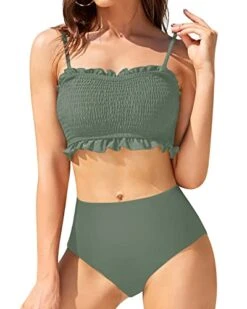 Women Two Piece Bandeau Bikini Smocked 2 Piece Swimsuit-Army Green