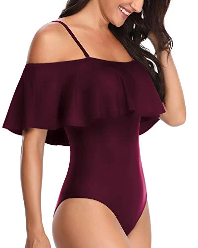 Women's One Piece Off Shoulder Ruffle Swimsuit-Maroon - Image 3