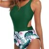 Attractive Silhouette Revealing Women One Piece Swimsuits-Green Tropical Floral