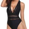 Adorable Long Torso V Neck One Piece Swimsuits-Black