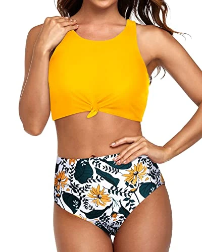Modest High Neck Bikini Sporty Two Piece Swimsuits-Yellow Floral - Image 2