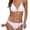 Feminine Two Piece Halter Padded Top Tie Side Bottom Triangle Bikini Bathing Suit-White