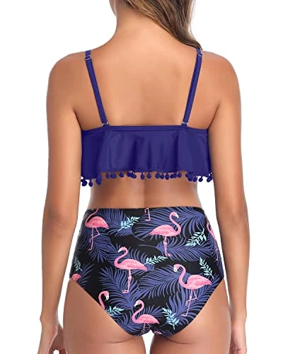Tassel Trim Chic Tropical High Waisted Bikini-Blue Flamingo - Image 2